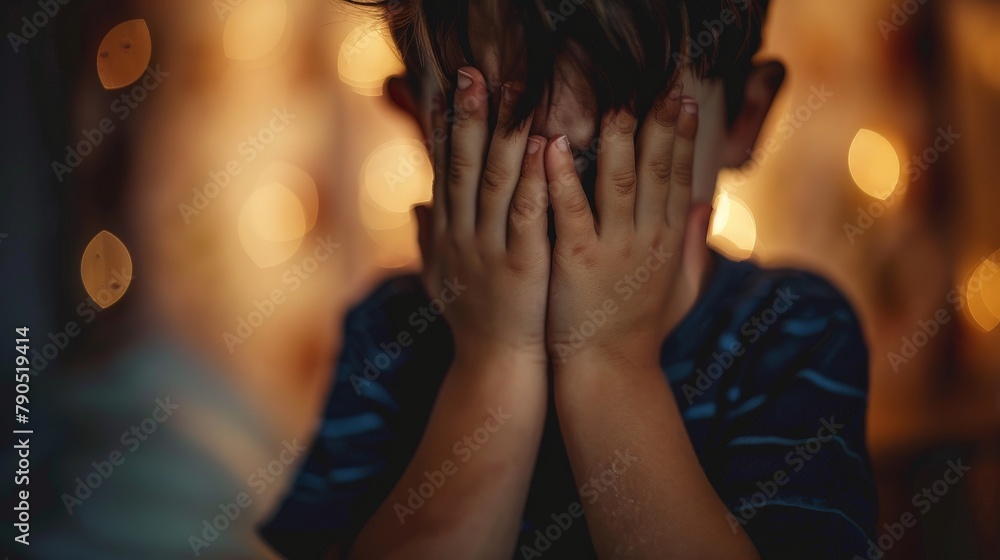 Close-up of a child's hands covering his face, sitting in a dimly lit room, expressing fear Close-up of a child's hands covering his face, sitting in a dimly lit room, expressing fear