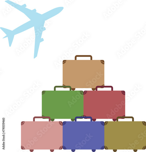 いろんな旅行カバンと飛び立つ飛行機
