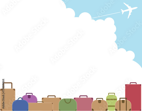 いろんな旅行カバンと大空へ飛び立つ飛行機と飛行機雲