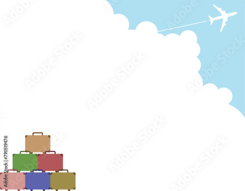 いろんな旅行カバンと大空へ飛び立つ飛行機と飛行機雲