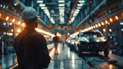 A worker in a hard hat is looking at a car production line. photo