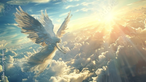 An angel with white wings is flying in the sky. photo