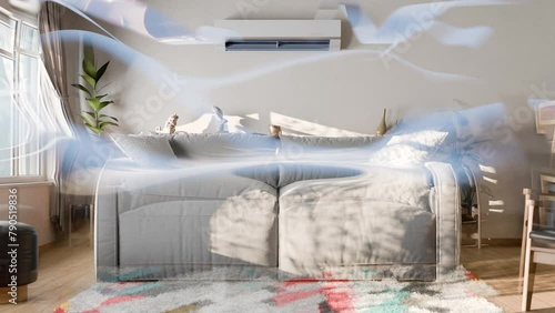Air conditioner is turned on. Waves of cold air cool the living room.