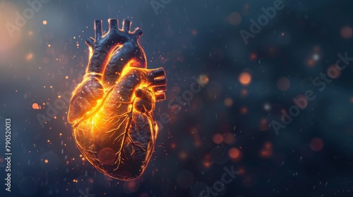 An illustration of a heart made of metal with a glowing fire inside on a dark blue background with glowing particles.