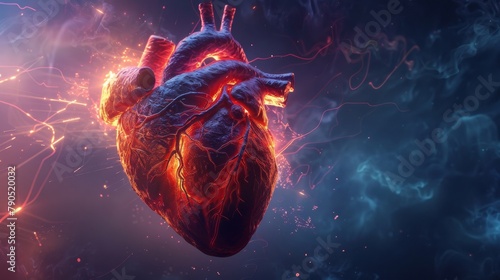 An illustration of a heart on fire with blue and purple smoke.