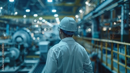 An industrial engineer wearing a hard hat and safety glasses looks out over a large, modern factory.