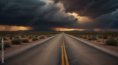 Long desolate desert road in the middle of nowhere under dramatic stormy sunrise sky.generative.ai 