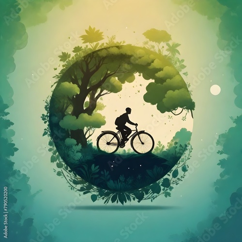  A silhouette of a person riding a bicycle on a path through a lush, green forest landscape with trees, leaves, and nature elements floating around the circular frame