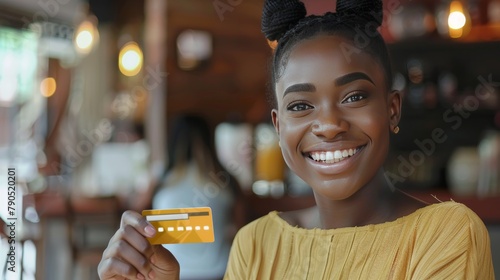 Beautiful smiling black woman holding credit card in hand