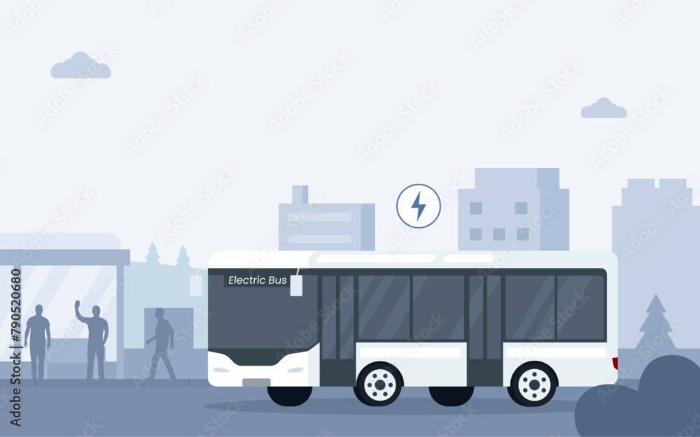 Arrived electric bus with passengers and people waiting at a public transport stop. Cityscape with suburban station. Vector illustration for city transportation, commuters, and urban life concept.