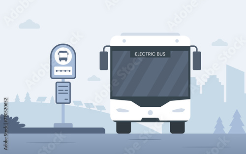 Front view of modern electric bus arriving at the bus stop. Vector illustration for city transportation, commuters, and urban life concept. Eco-friendly vehicle concept