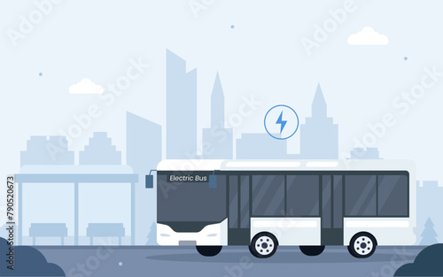 Electric bus stop near the bus shelter. public transport in the modern city. Eco friendly vehicle concept. Vector illustration for city transportation, commuters, and urban life concept. (ID: 790520673)