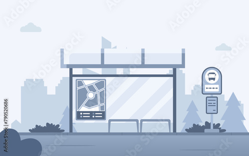 Front view of a bus stop or bus shelter with map and sign banner. Public transport vector illustration with a modern city silhouette in the background. Urban route (ID: 790520686)