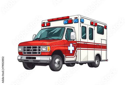 Detailed vector illustration of a white ambulance with red and orange stripes and emergency lights. Generative AI