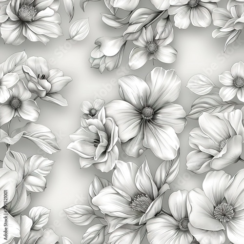 3D pencil sketches of blooms  with shadows and highlights adding depth. Seamless Pattern  Fabric Pattern  Tumbler Wrap  Mug Wrap.