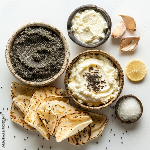 Luxurious caviar spread with blini and cr?me fra?che photo