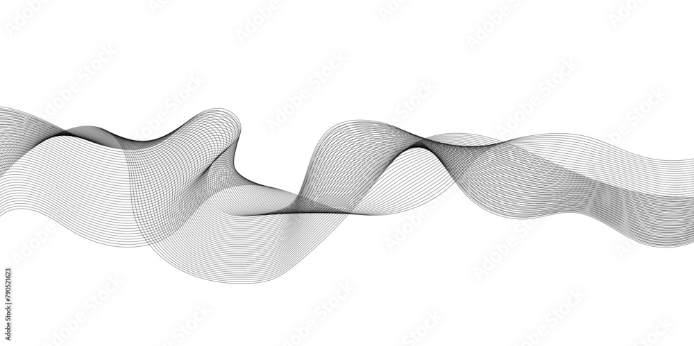 Vector wavy grey lines flowing smooth curve  black gradient color on transparent background in concept of technology, science, music, sound, banner, poster, modern.