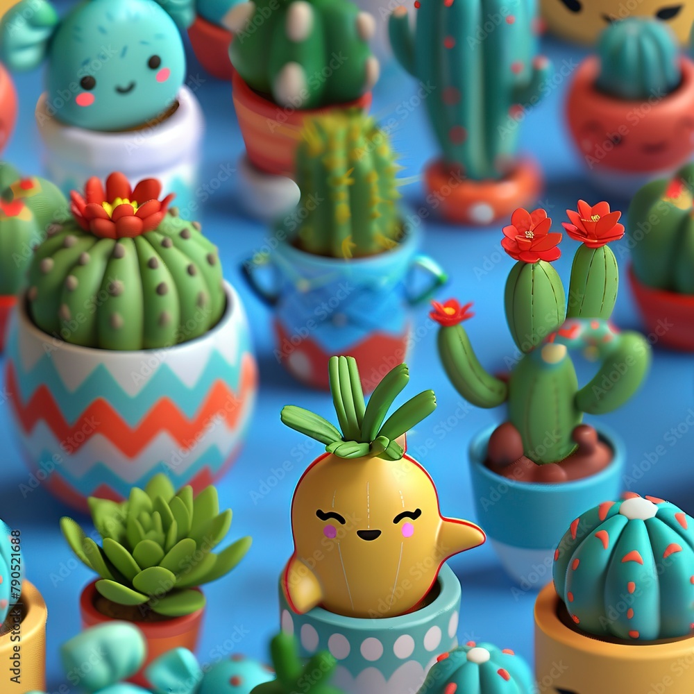 3D miniature cacti in colorful pots, perfect for a virtual indoor garden.  Seamless Pattern, Fabric Pattern, Tumbler Wrap, Mug Wrap.