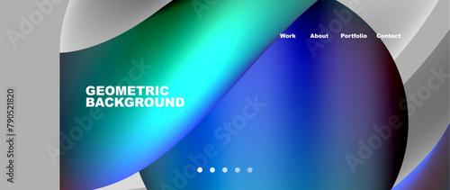 An electric blue and aqua geometric background with a liquid violet circle in the middle. The font color is magenta, creating a vibrant and modern design for a gadget or audio equipment