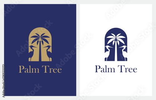 Pelican Standing Between Palm Trees Gold logo design icon vector illustration