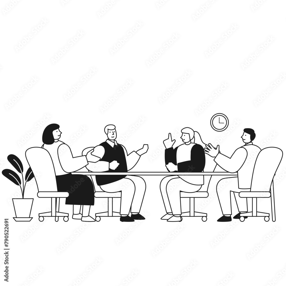 オフィスで机を囲んで会話する人々のイラスト オフィスで机を囲んで会話する人々のイラスト