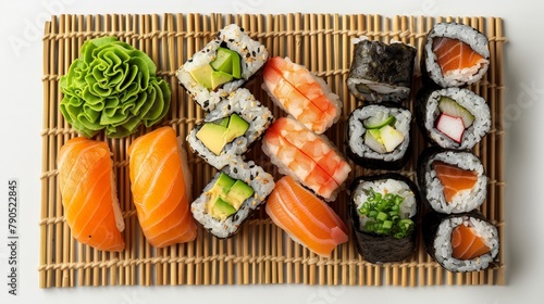 Assorted sushi on a bamboo mat