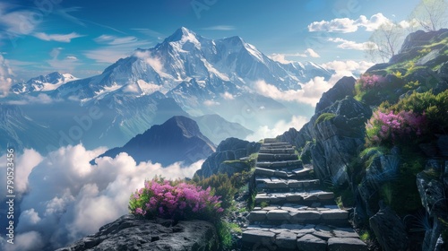 fantasy mountain landscape with stone path and pink flowers