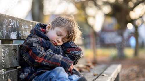 A young child curled up in a ball on a park bench, visibly upset and alone