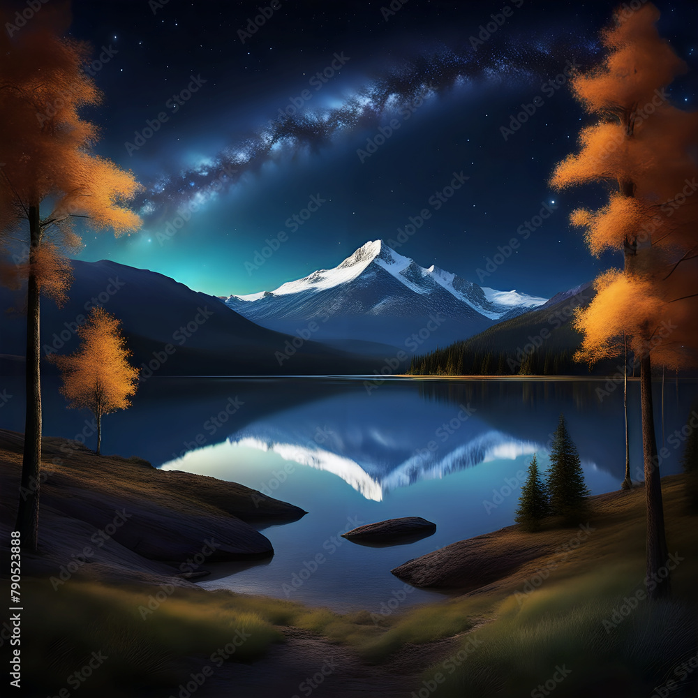 Dark landscape trees starry night stars galaxy in the sky mountains in the distance lake