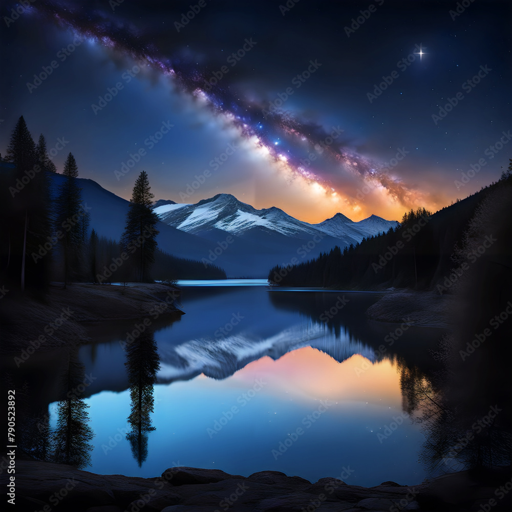 Dark landscape trees starry night stars galaxy in the sky mountains in ...