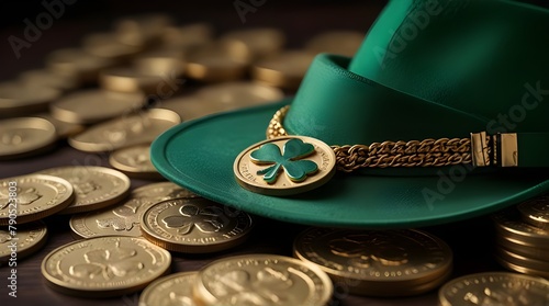 A green hat with shamrock buckle placed on gold coins. Banner with copy space for national Irish holiday St. Patricks Day.generative.ai  photo