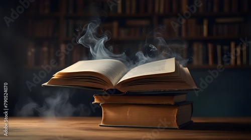 a book floating above a desk with energy, magical smoke seeping from its pages.generative.ai  photo