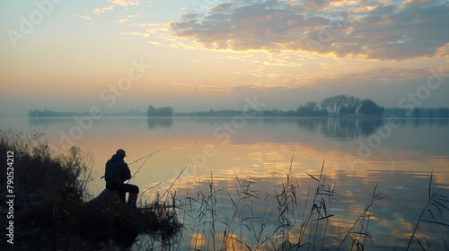 Peaceful evening fishing at a lake at sunset time