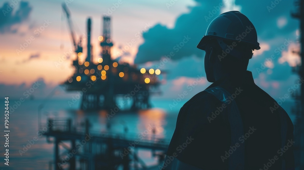 Oil rig worker looking out at the ocean at sunset