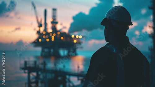 Oil rig worker looking out at the ocean at sunset