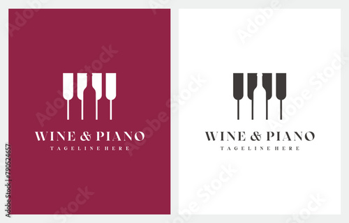 Piano Wine Music Bar concept logo design vector sign illustration template