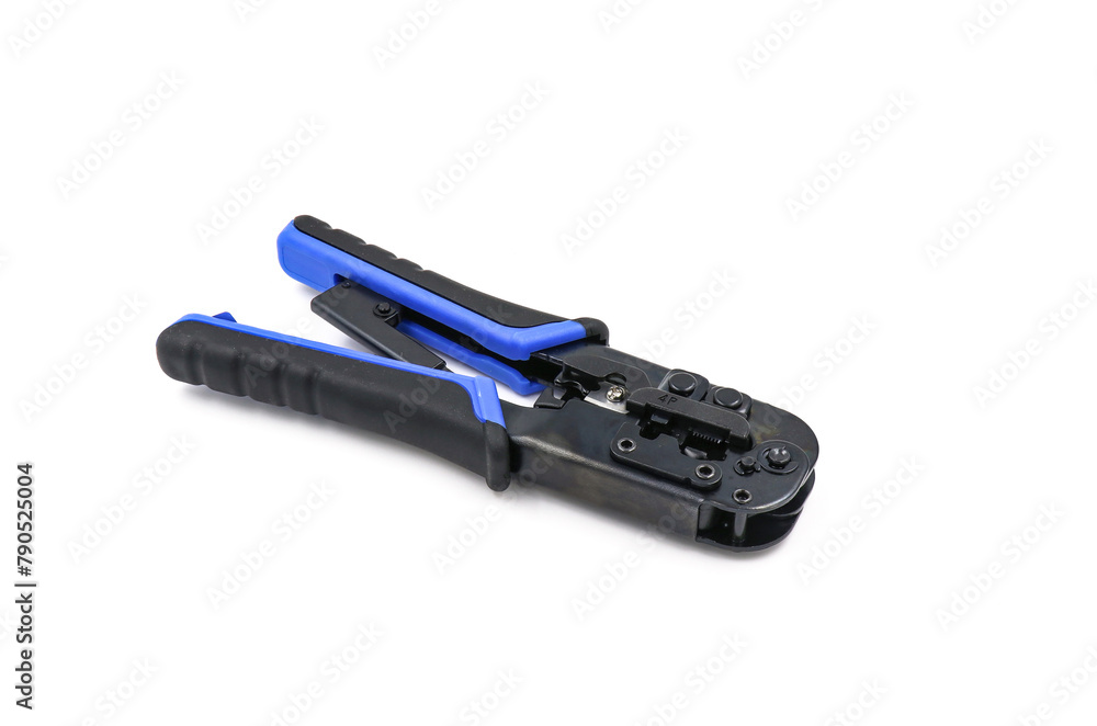 Modular plug crimper for RJ-45, white background, Crimper, Twisting Cable Tool for Crimping RJ 45 LAN cable Modular plug crimper for RJ-45, white background, Crimper, Twisting Cable Tool for Crimping RJ 45 LAN cable