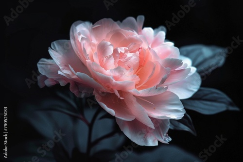 Beautiful blooming pink peony on dark background.