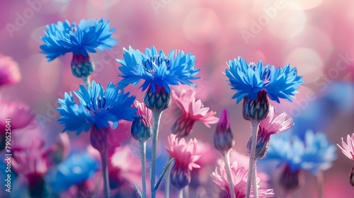 Blue and pink cornflowers and pink flowers blooming in field. Close up wildflowers photo