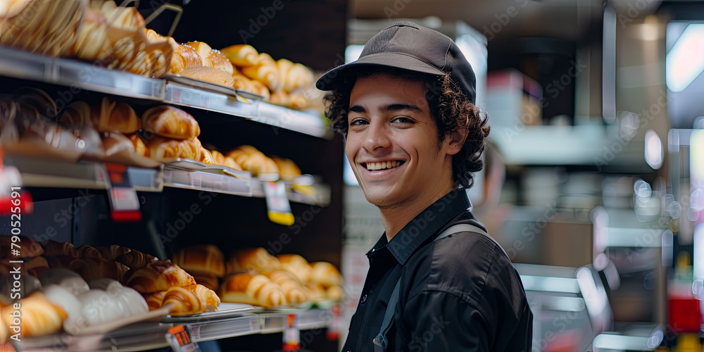 a smiling young man in uniform working at a bakery store, generative AI