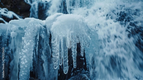 A frozen waterfall with dangling icicles