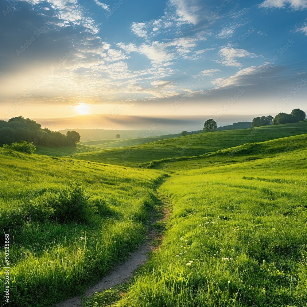 Green hills with trees under the cloudy sky, Foggy meadows with a green field. Green hills with trees under the cloudy sky, Foggy meadows with a green field.