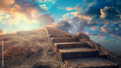 Stone steps lead up to a mountain peak with clouds and sun rays in the background sky at sunset. Beautiful landscape with road leads up to cross. Religion concept.Christianity background Concept 