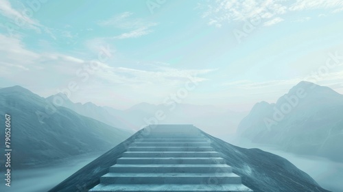 Stone steps lead up to a mountain peak with clouds and sun rays in the background sky at sunset. Beautiful landscape with road leads up to cross. Religion concept.Christianity background Concept 