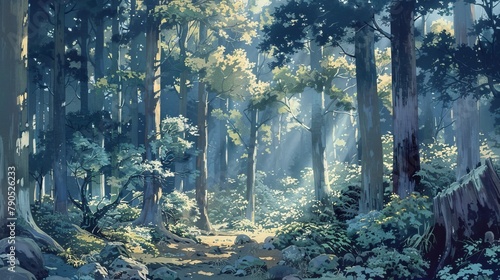 A natural, Asian green forest background with sunlight passing through the leaves of the trees in the forest.