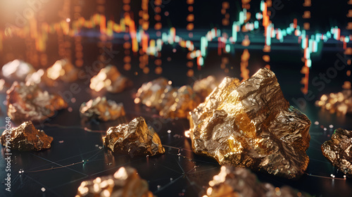Create a visual representation of the historic rise and fall of gold prices amidst stock market crashes, capturing the resilience of gold as a store of value during economic downturns photo