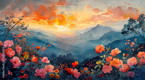 Cycle of Color: Panoramic Watercolor Showcase of Daytime's Dynamic Beauty