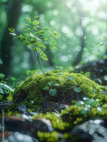 A lone plant thrives atop a mossy rock with sparkling morning dew highlighting its freshness