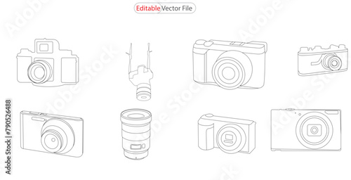  camera linear style and Hand drawn vector illustrations, Set digital camera line art. camera template outline, camera vector line art Illustration. Continuous line art or One Line Drawing of a