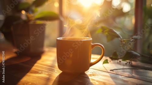 The warm glow of a cup of coffee in the morning is a beautiful sight.